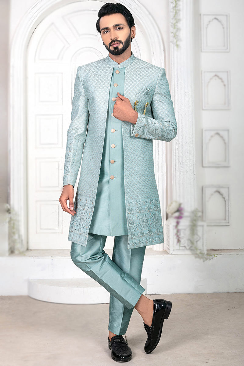 Embroidered Silk Mint Blue Men's Jacket Style Sherwani
