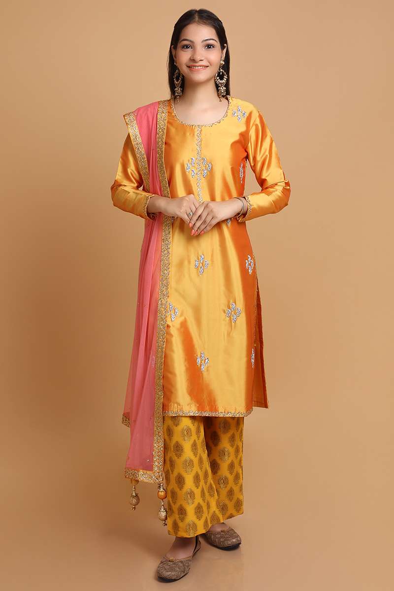 Mustard Yellow Pant style Straight Silk Minakari Jacquard Dyed main image 1