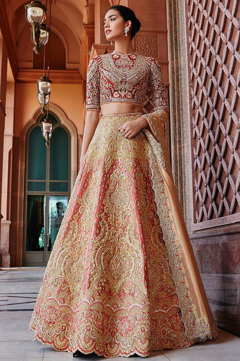 Embroidered Silk Salmon Pink Bridal Wear Lehenga LLCV113665