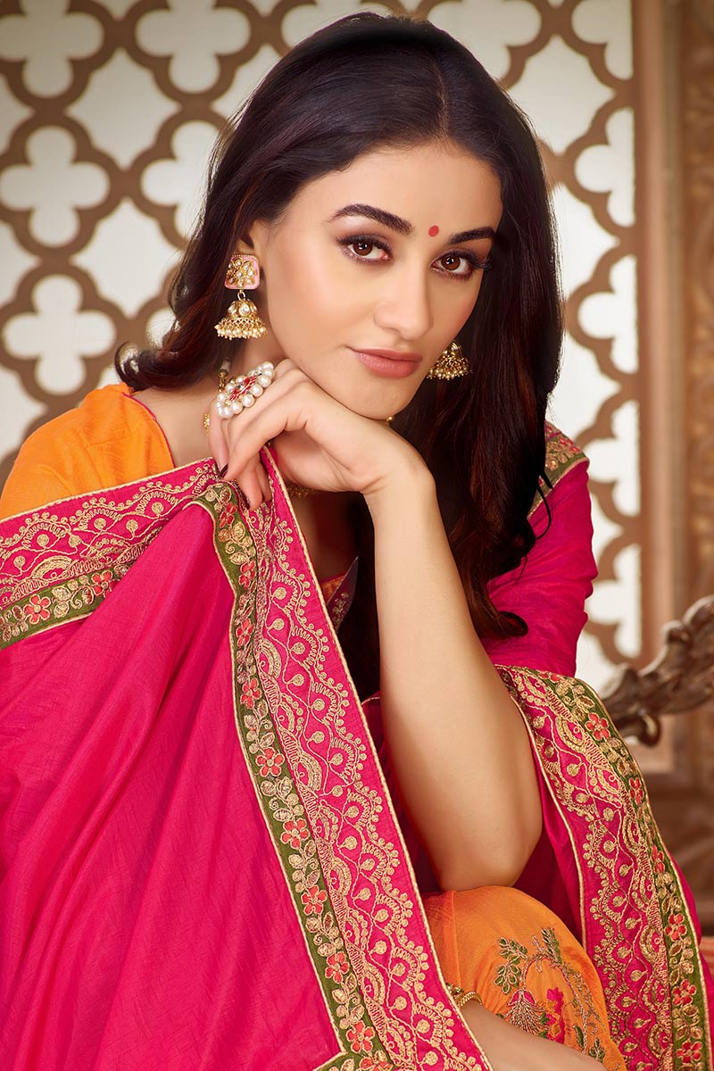 Trendy Embroidered Soft Silk Hot Pink And Turmeric Yellow Saree