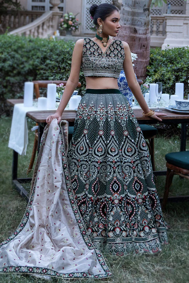 Buy Embroidered Velvet Bottle Green Lehenga LLCV113654