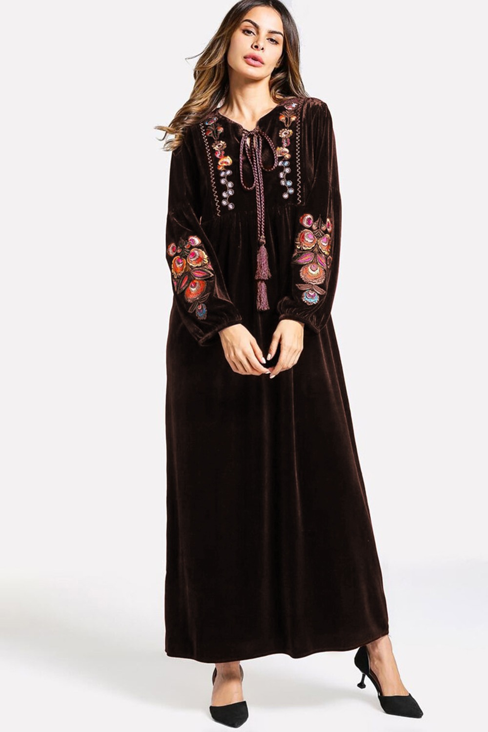 Buy Embroidered Velvet Modest Gown In Dark Brown Colour Online