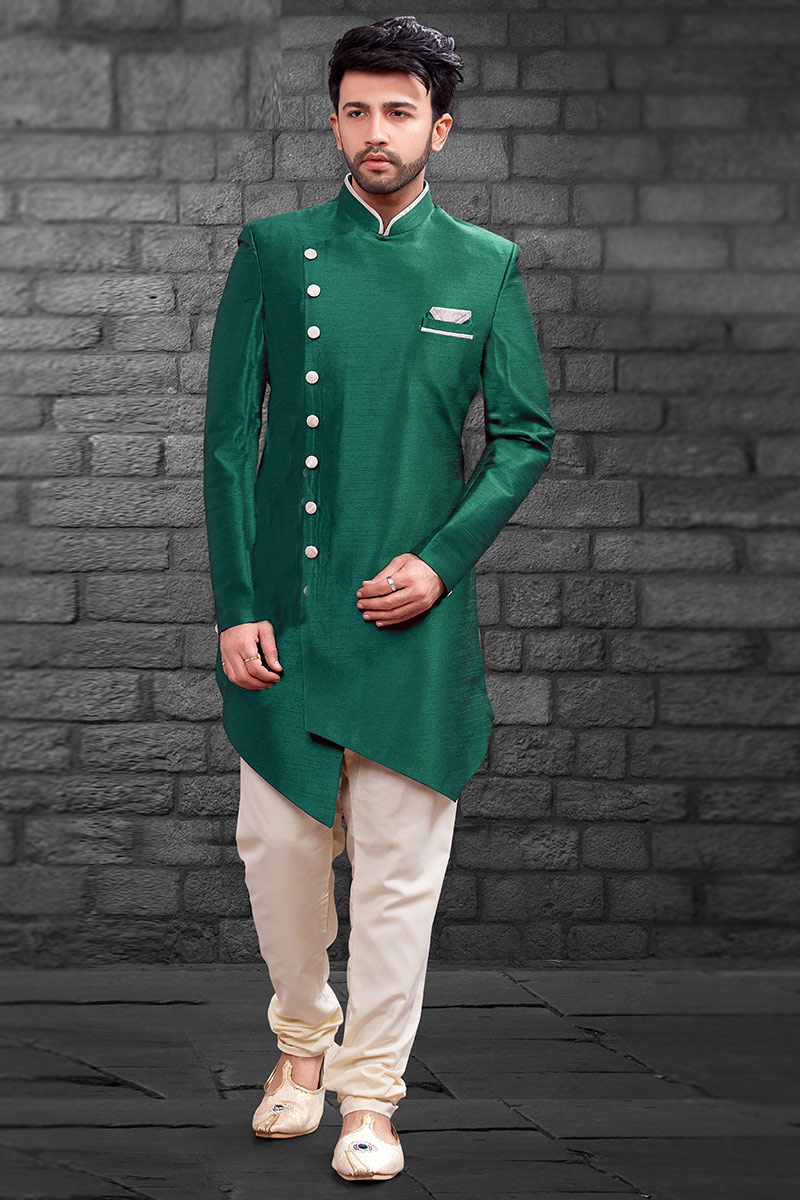 Andaaz Fashion Men's Emerald Green Art Silk Churidar Sherwani Andaaz Fashion Men's Emerald Green Art Silk Churidar Sherwani