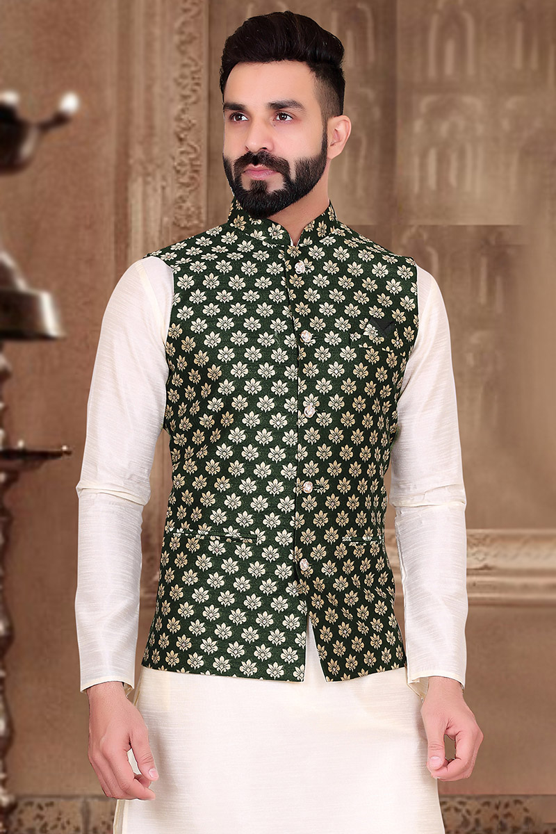 Buy Woven Jacquard Emerald Green Men's Waist Coat MWCV0136