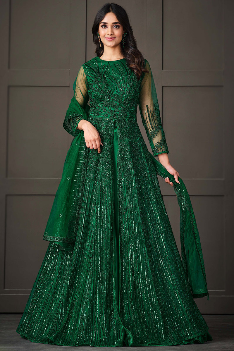Buy Emerald Green Net Front Slit Anarkali Suit LSTV121918