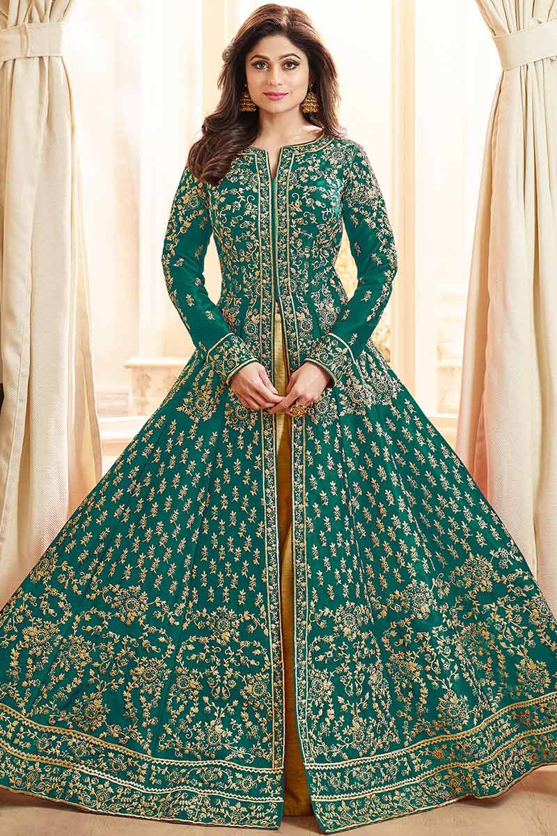 Buy Emerald Green Silk Anarkali Suit For Eid With Dori Work Online -  LSTV05107 | Andaaz Fashion