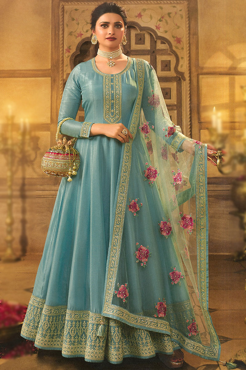 Ethnic Wear Dusty Blue Embroidered Silk Anarkali Suit LSTV124298