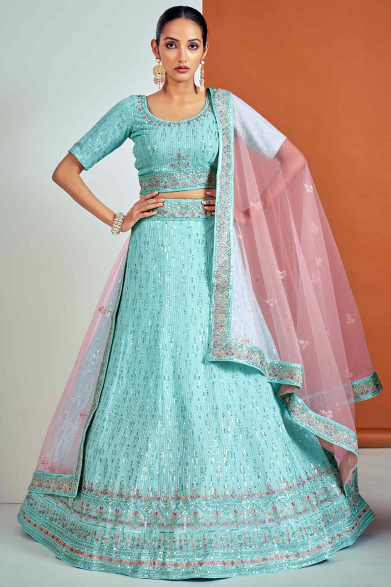 Ethnic Wear Embroidered Sky Blue Georgette Lehenga