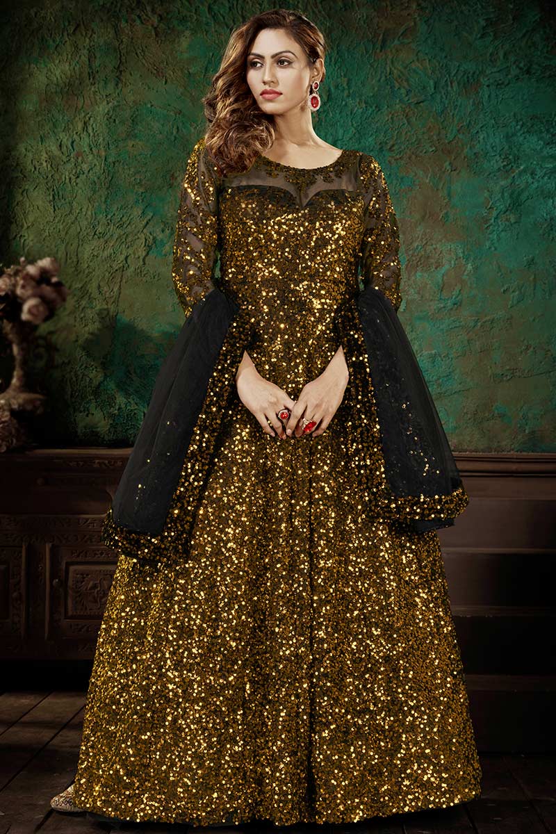 Hot Selling Gold Anarkali Suit with Sequins LSTV116154