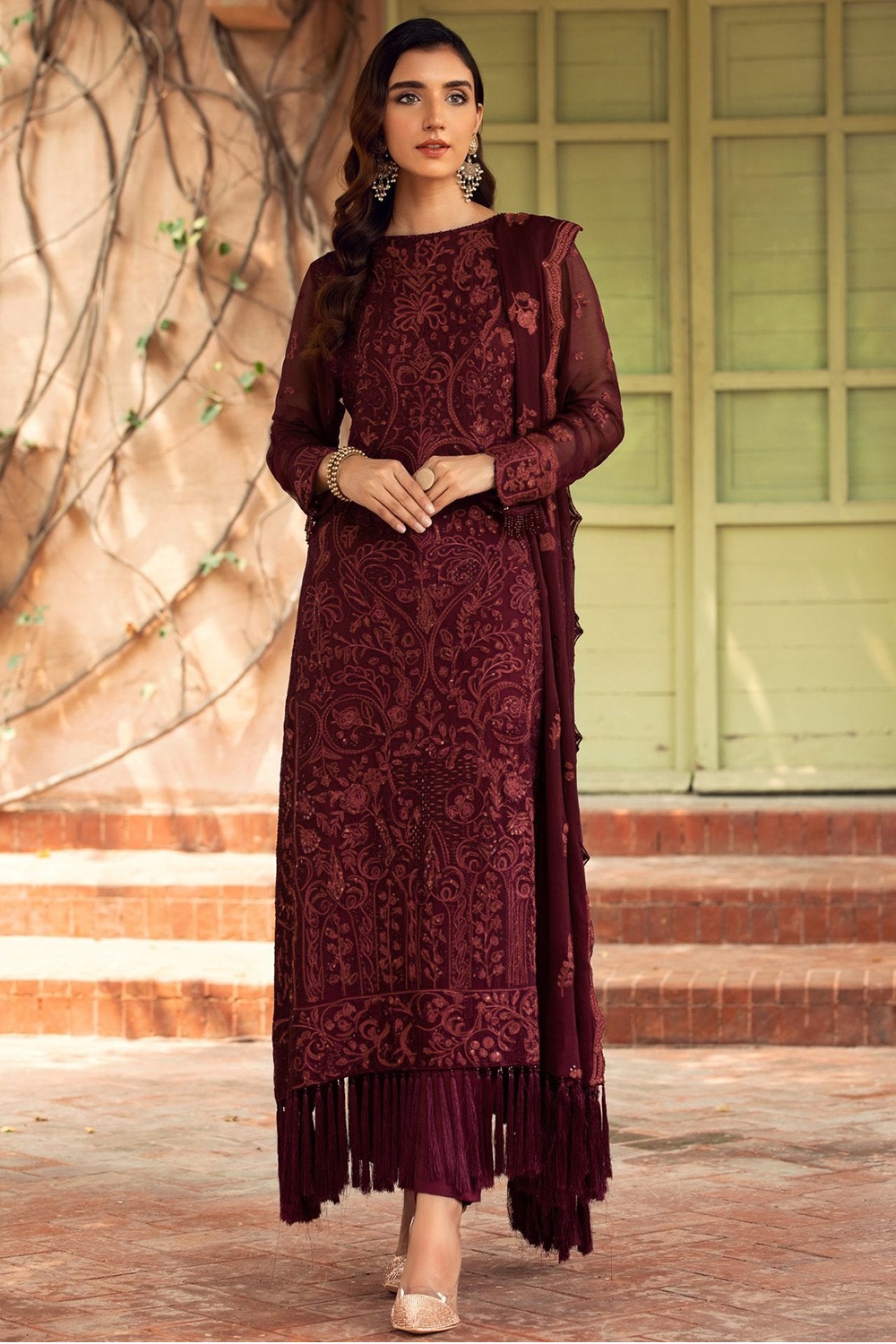 Online Sale Wine Maroon Georgette Embroidered Trouser Suit LSTV120671