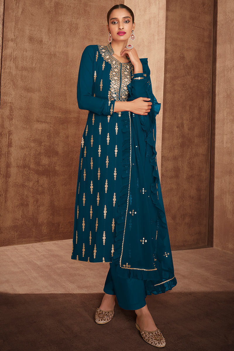 dress socks for blue suit Peacock Blue Sequins Net Designer Gown - Meher Taluja's Choice