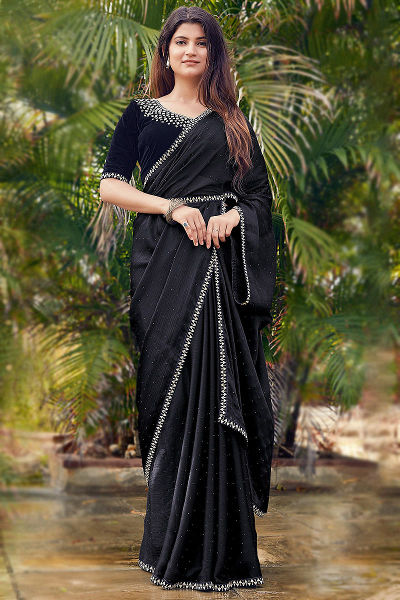 Festival Wear Chiffon Black Embroidered Saree