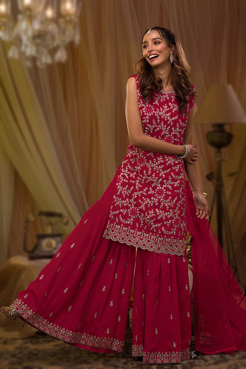 Festival Wear Georgette Ruby Pink Embroidered Sharara Suit