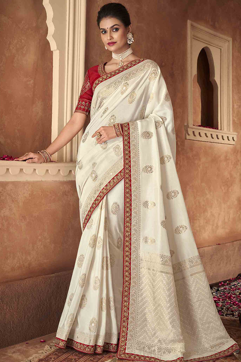 Off White Colour chanderi silk With Beautiful Embroidery popular Work Saree Bollywood Style Party Wear Saree Wedding Saree Beautiful sari