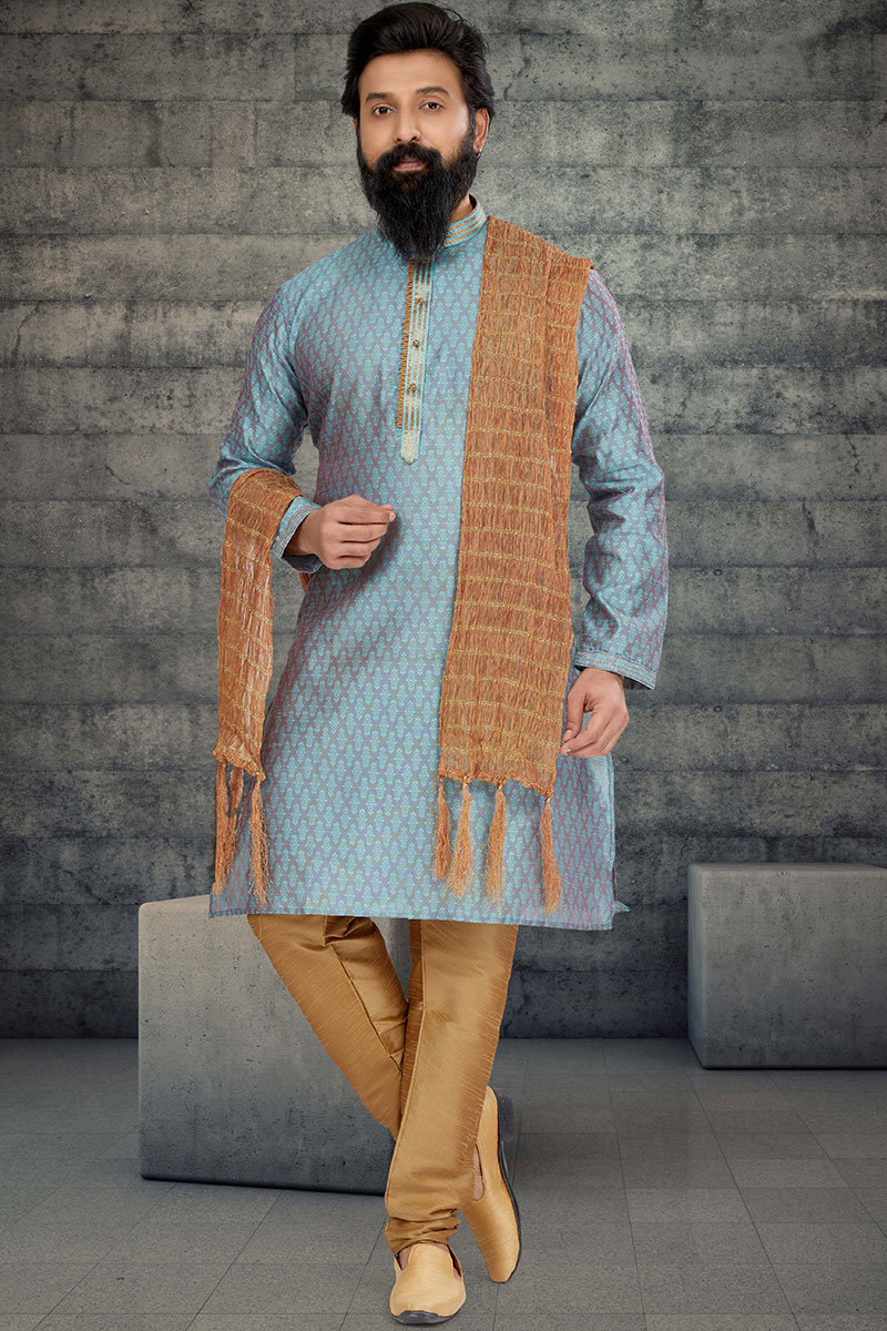 Festival Wear Pastel Dark Blue Jacquard Traditional Men's Kurta