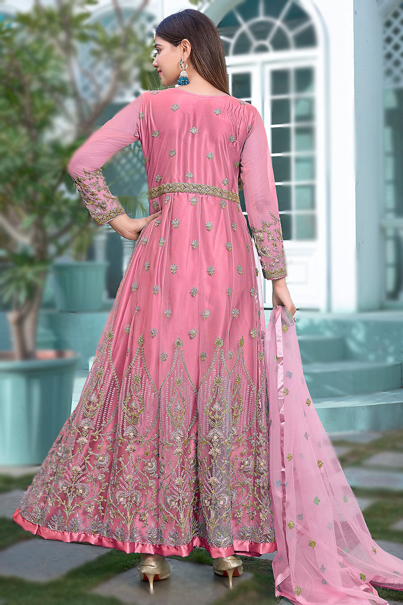 Festival Wear Pink Embroidered Net Anarkali Suit