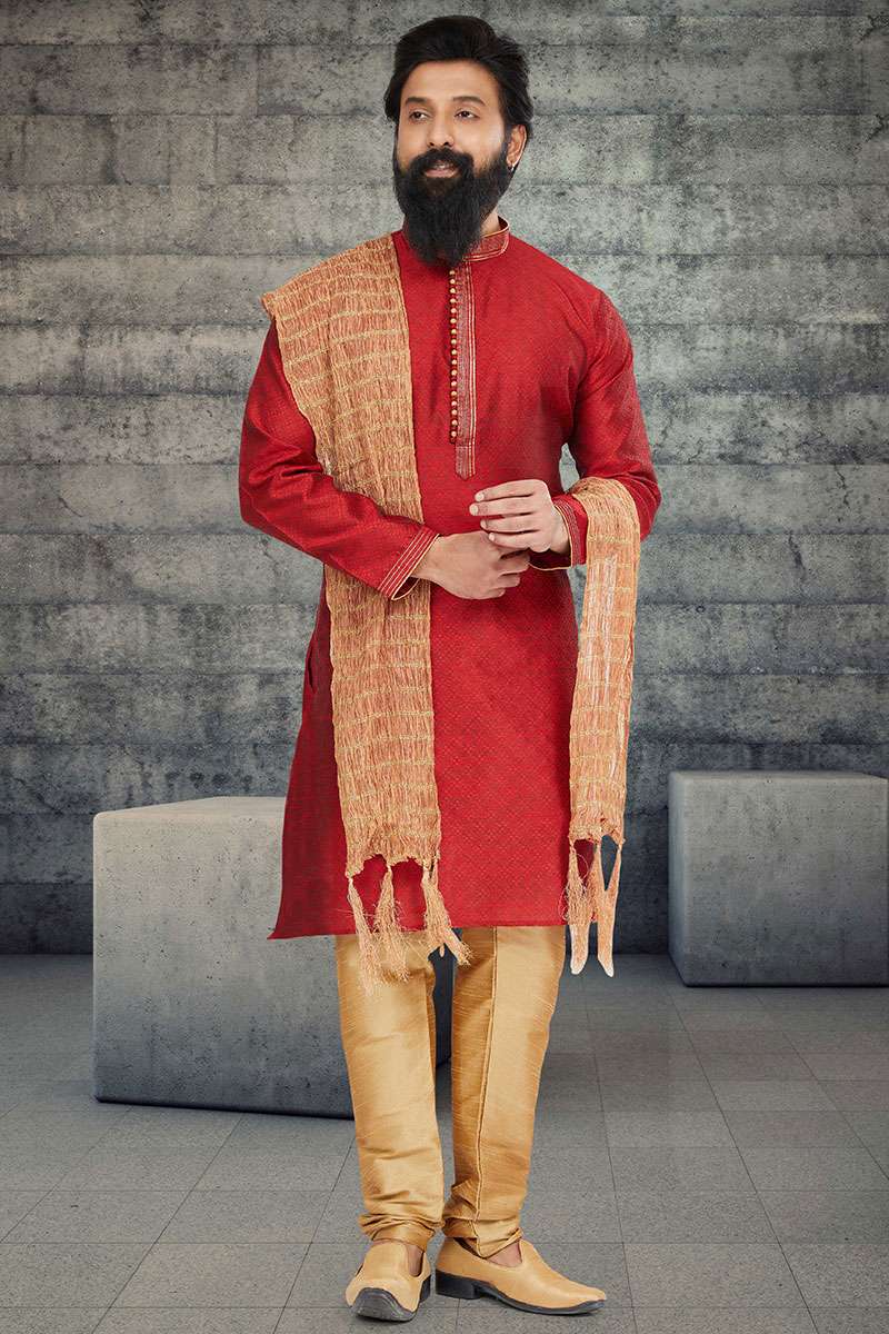 Festival Wear Red Jacquard Traditional Men's Kurta Churidar