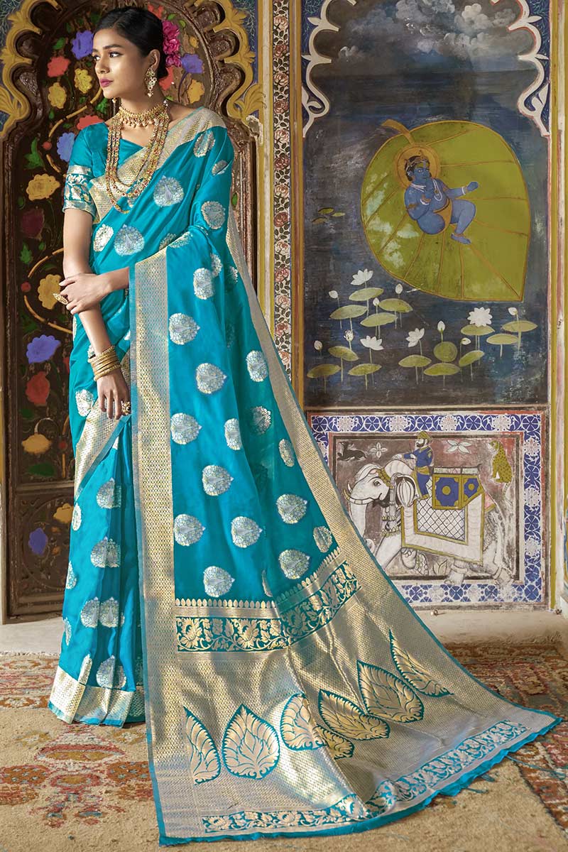Buy Firozi Blue Banarasi Silk Wedding Wear Saree Online - SARV04782 |  Andaaz Fashion