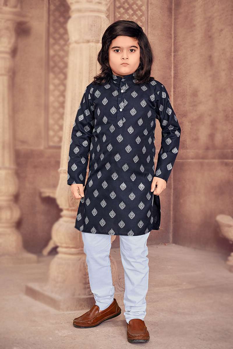 Boys Baby Blue Floral Print Kurta With Churidar main image 1