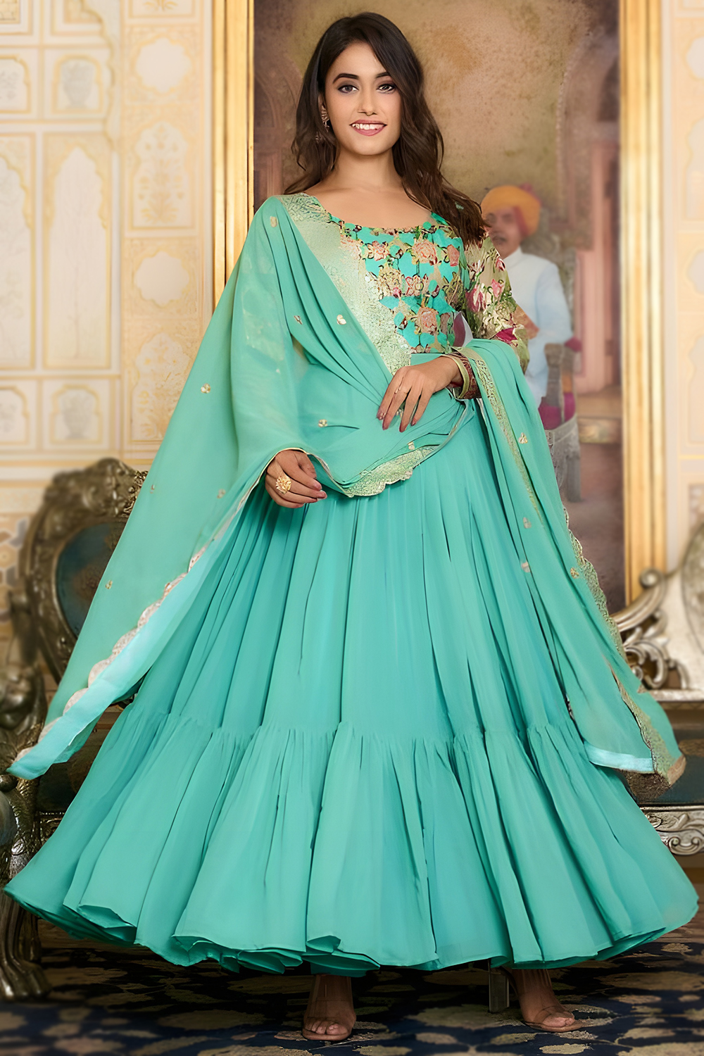 Foil Printed Georgette Aquamarine Blue Anarkali Gown LSTV131187