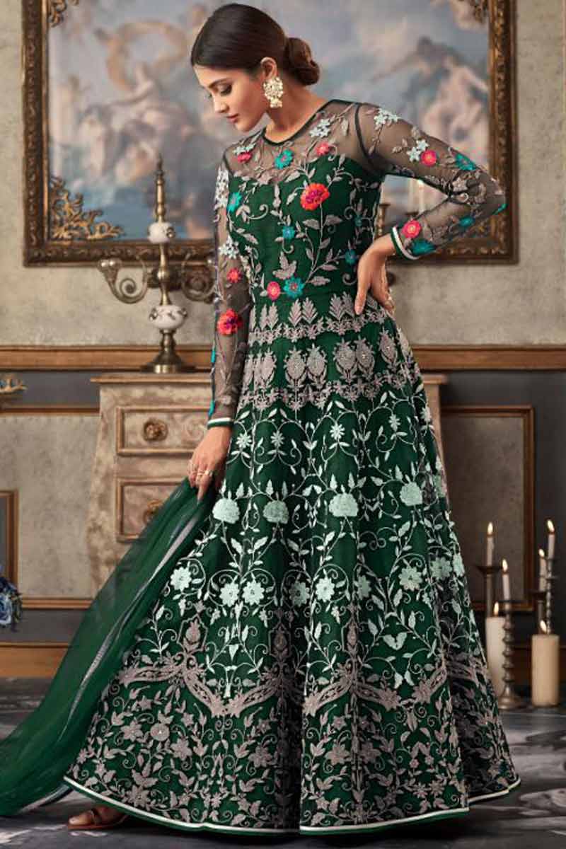 Buy Forest Green Net Anarkali Suit For EId LSTV03087 Andaaz Fashion