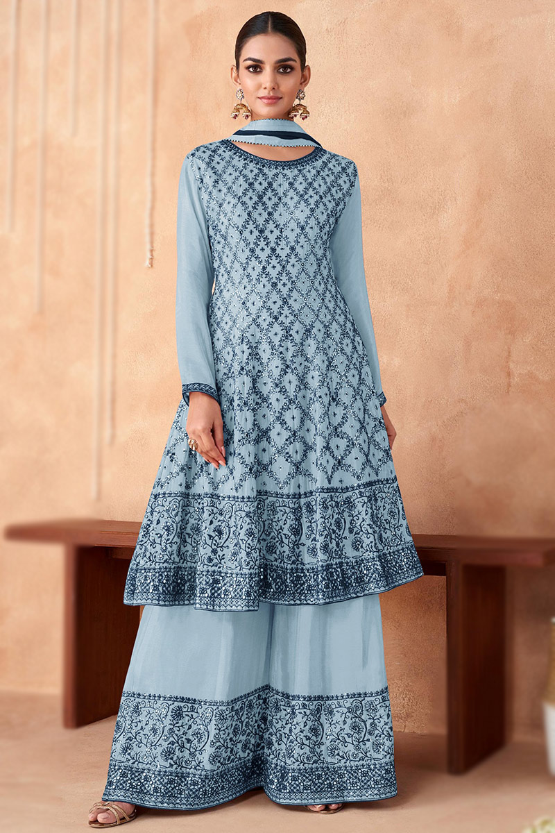 Frock Style Powder Blue Embroidered Silk Palazzo Suit LSTV124588