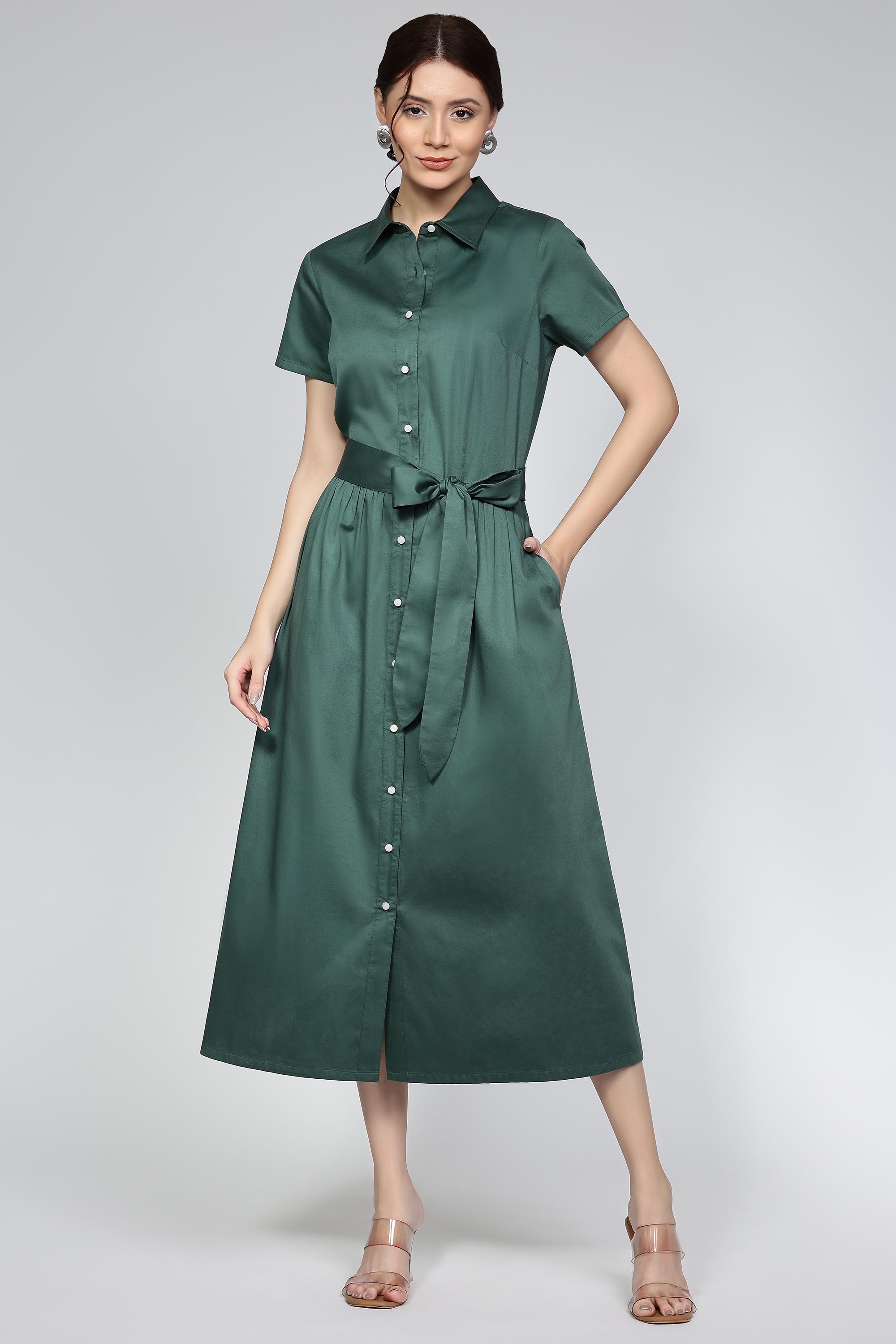 emerald green shirt dress Cotton Midi with Tie Waist For Work Wear Wrap