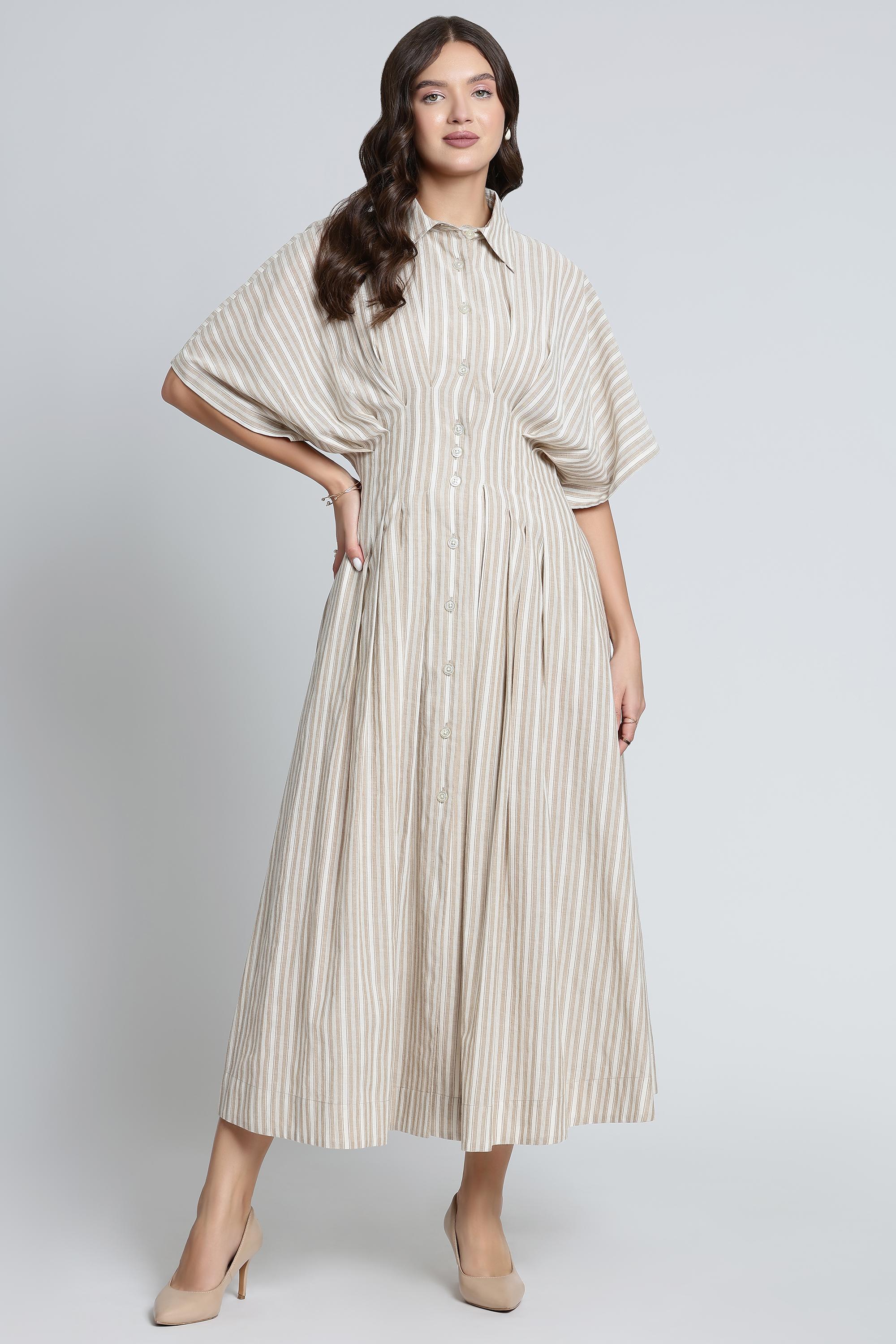 beige stripe dress Andaaz Fashion Women's Striped Organic Cotton Shirt Maxi for Work Wear Pair with slide sandals Winter 1 2025 All Product Bloom Strapless Maxi Dress US Size - Made To Order:6