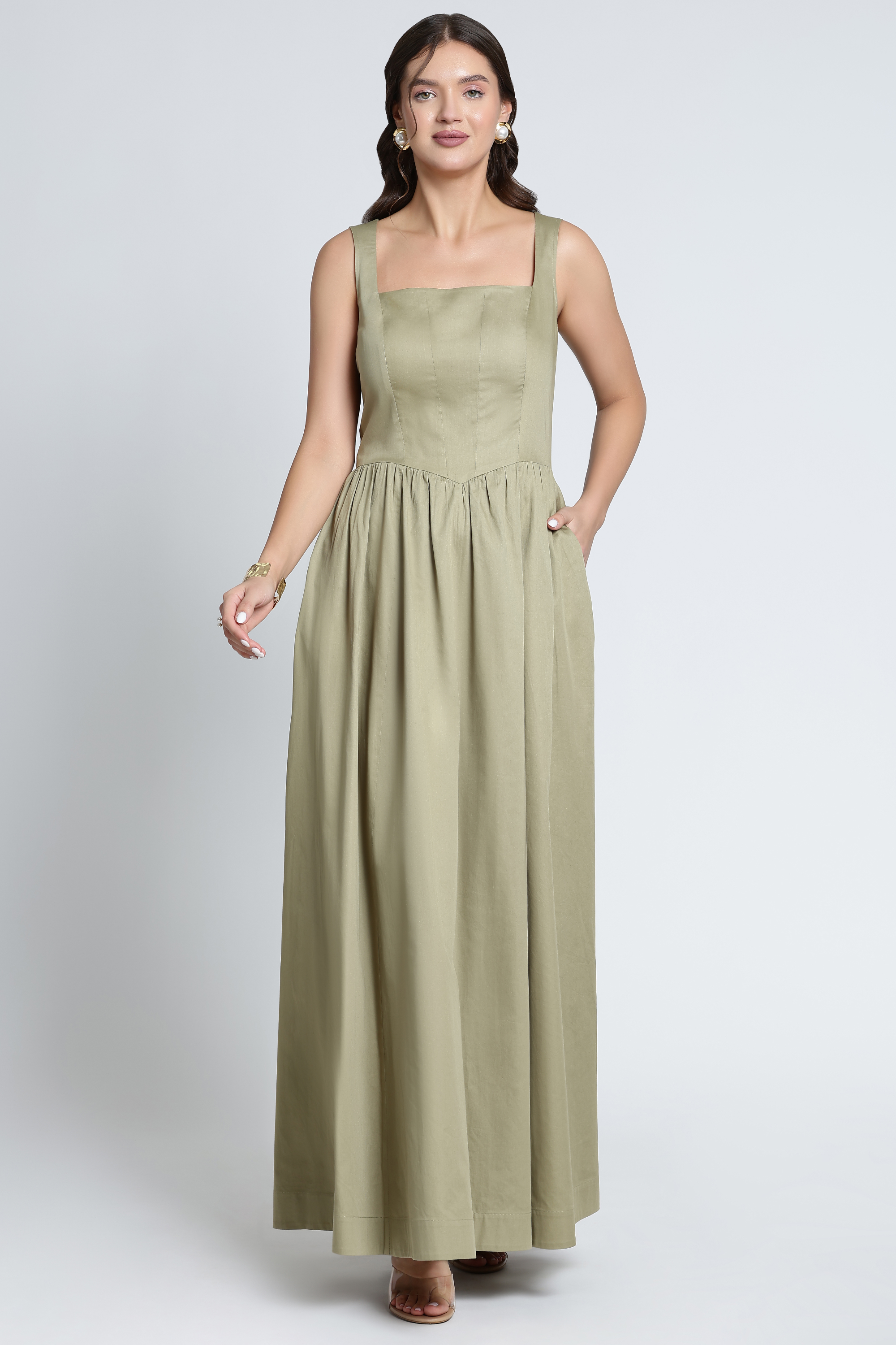 Olive Green Organic Cotton Maxi Dress | Summer Casual Vacation Wear -FT00041 Olive Green Organic Cotton Maxi Dress | Summer Casual Vacation Wear -FT00041