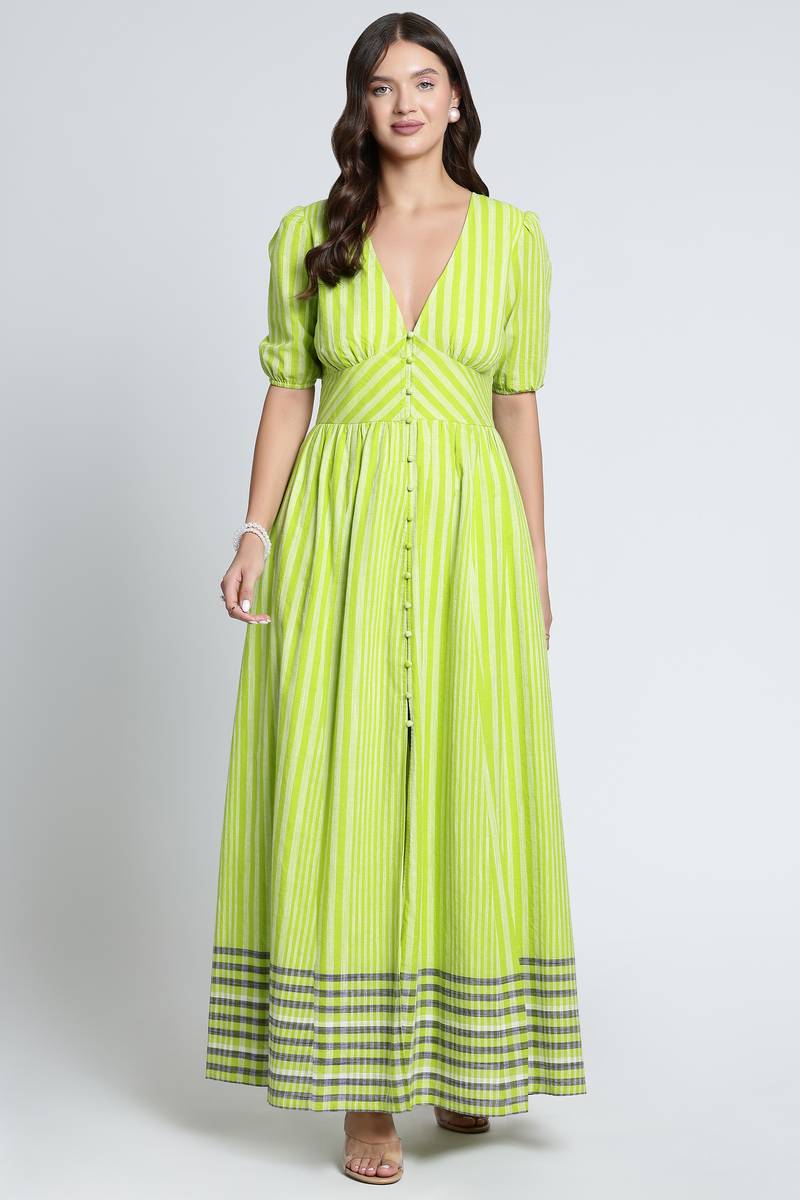 Lime Green Striped Organic Cotton Summer Maxi Dress for Vacation Wear