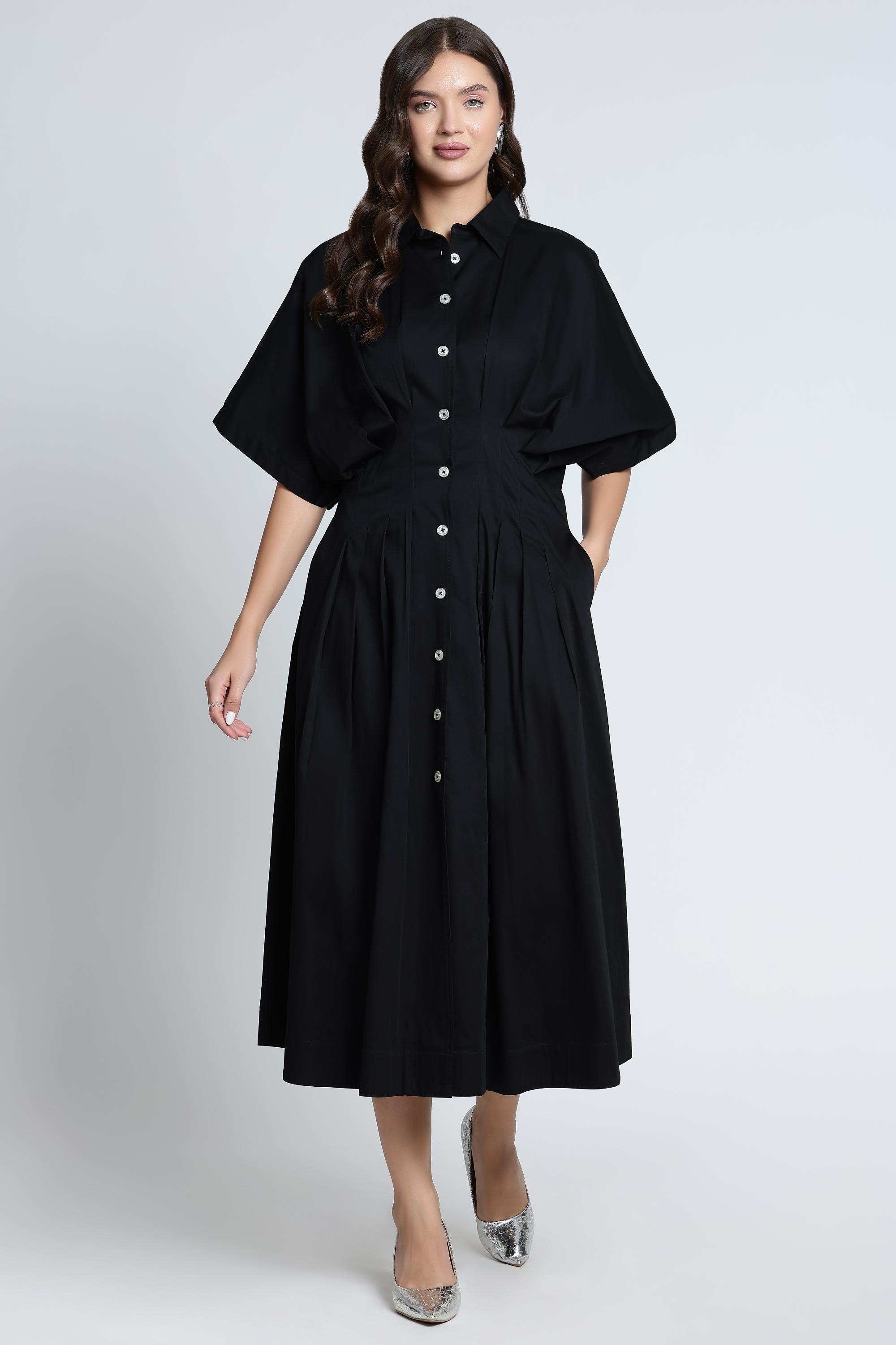 Black 100% Cotton Poplin Shirt Midi Dress for Work Wear