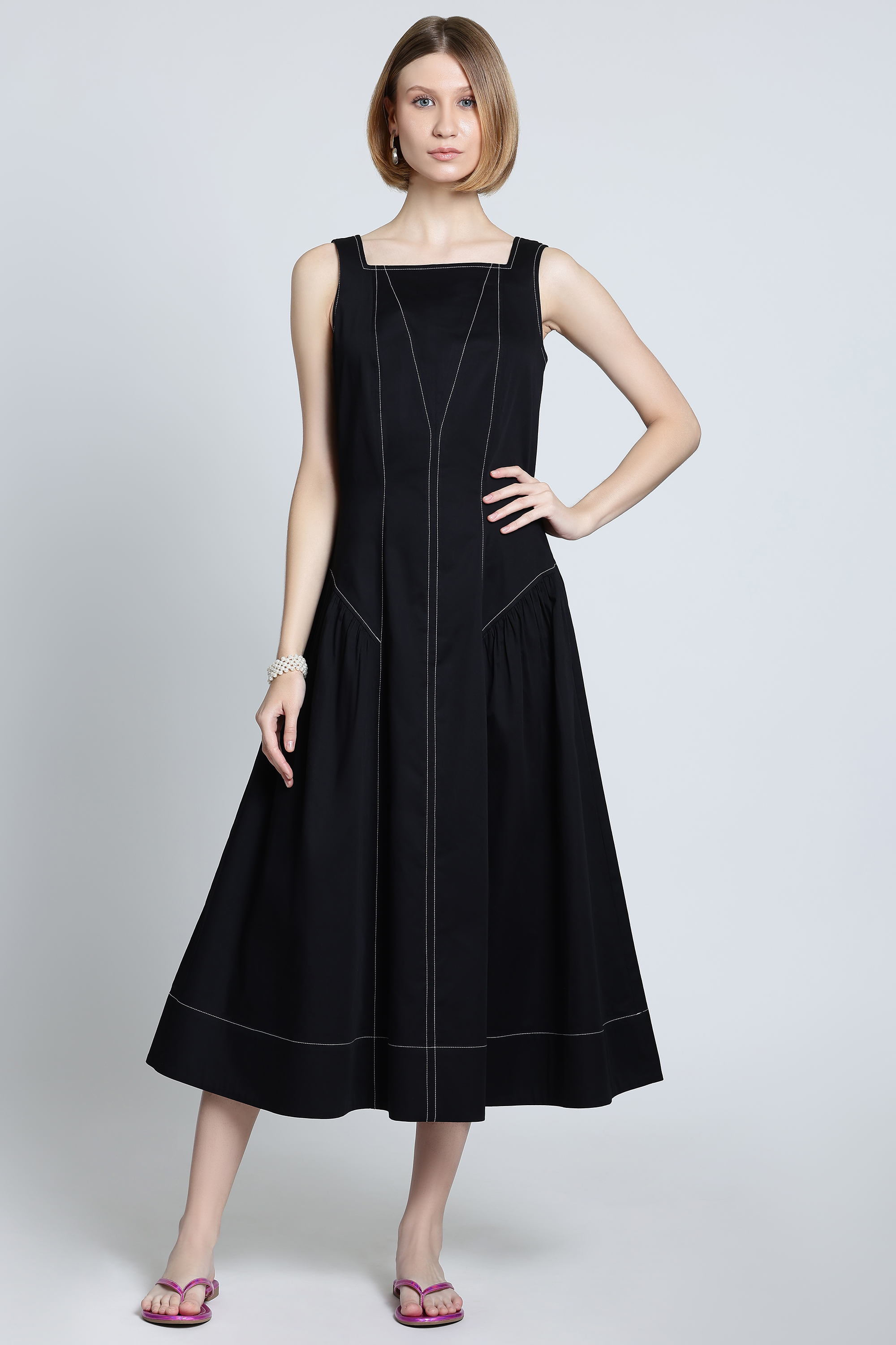 Black Cotton Poplin Midi Dress | Elegant Work Wear Summer Dress for Women
