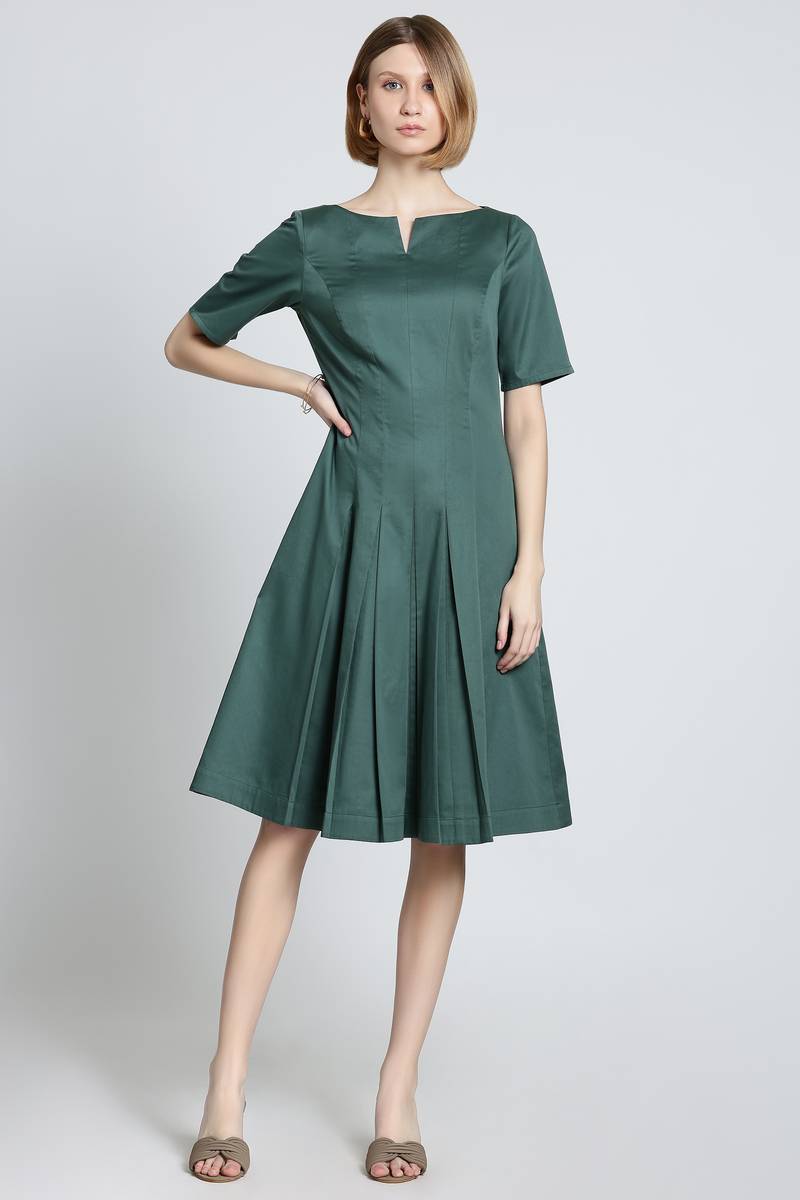 Andaaz Fashion Women's Emerald Green Cotton Poplin A Line Midi Dress for Work Wear
