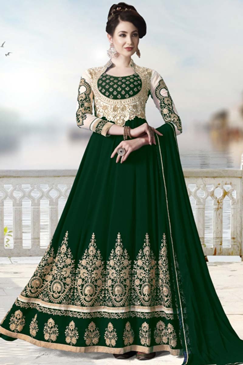 Buy Georgette Anarkali Suit In Dark Green and Off White Color Online - LSTV03694 | Andaaz Fashion Buy Georgette Anarkali Suit In Dark Green and Off White Color Online - LSTV03694 | Andaaz Fashion
