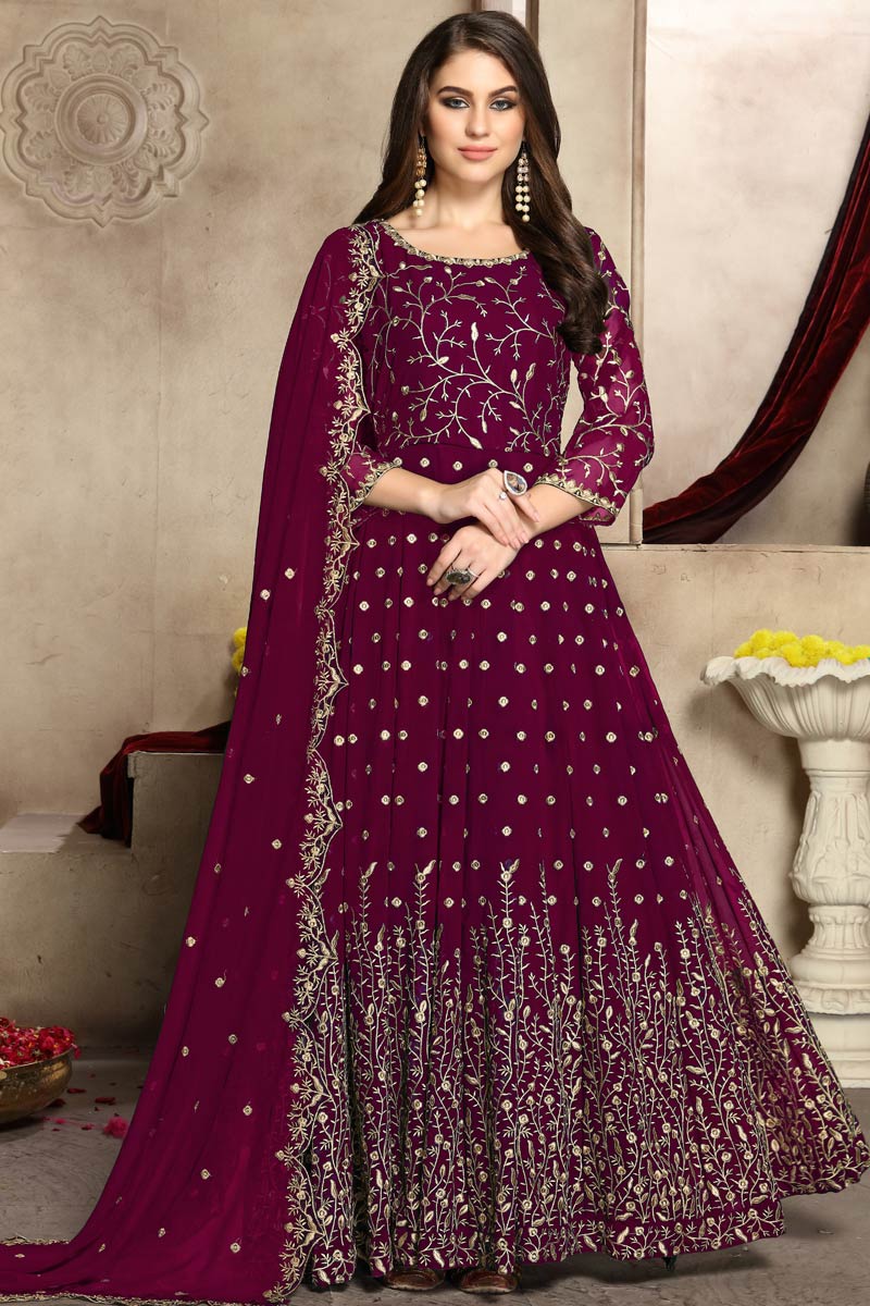 Buy Georgette Anarkali Suit in Wine Color with Resham Work Online