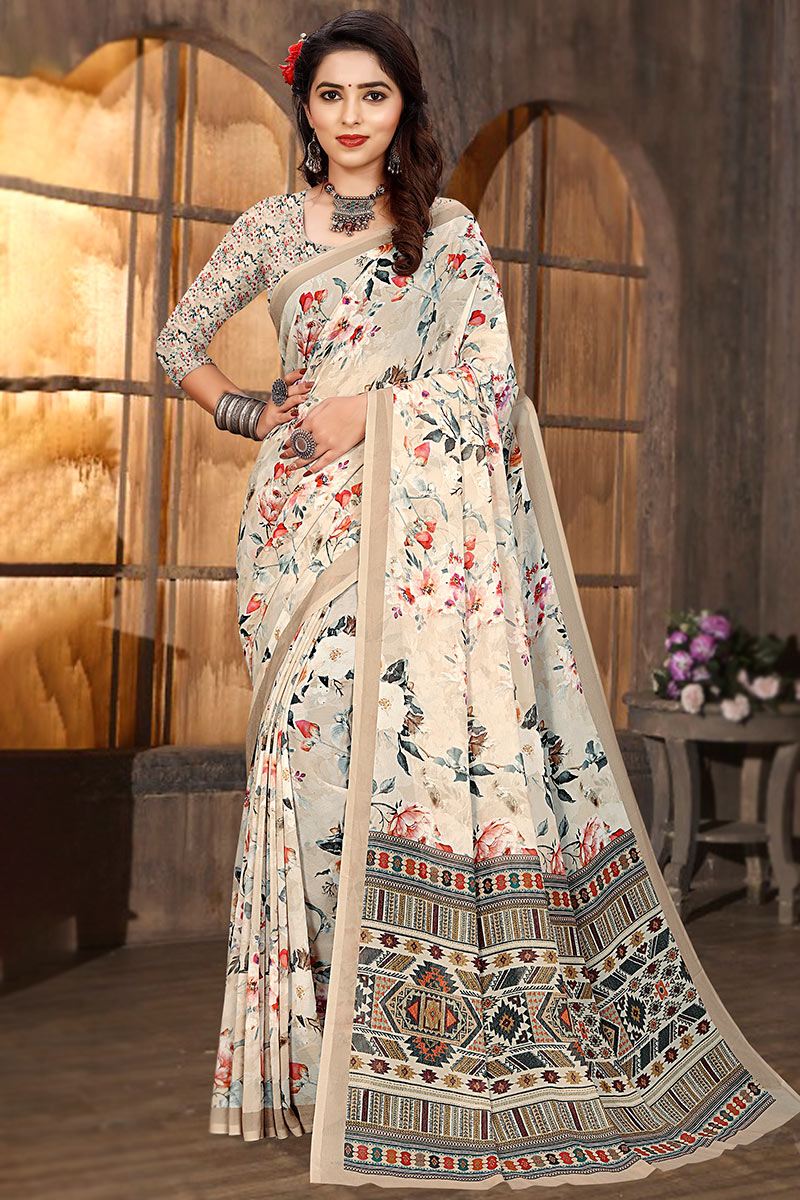 Georgette Beige Floral Printed Casual Wear Saree