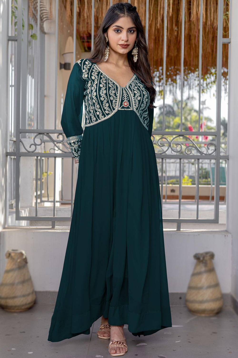 Georgette Bottle Green Gown with Zari Work for Diwali LSTV135524