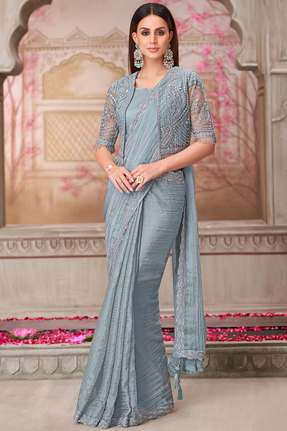 Georgette Dusty Blue Embroidered Jacket Style Saree SARV191648