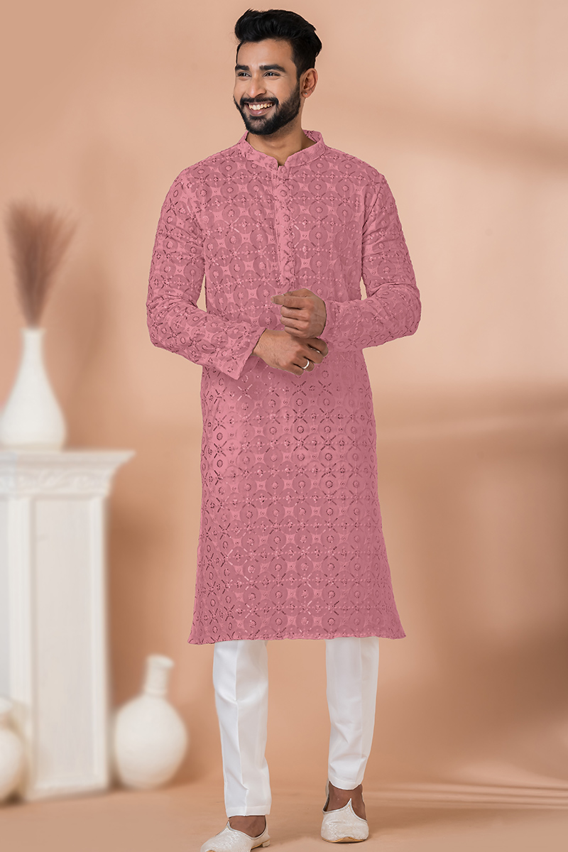 Georgette Dusty Pink Embroidered Straight Cut Men's Kurta Pajama