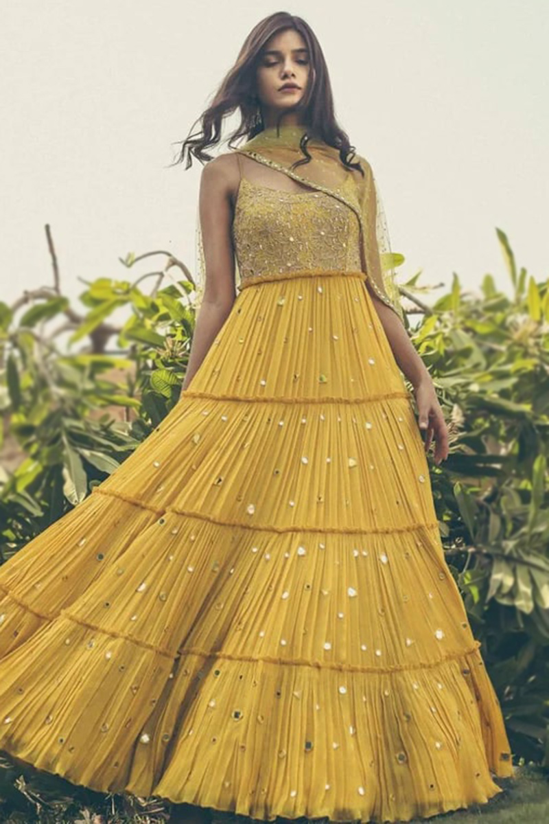 Plain Sleeveless Anarkali Suit Saffron Yellow Cotton Sleeveless