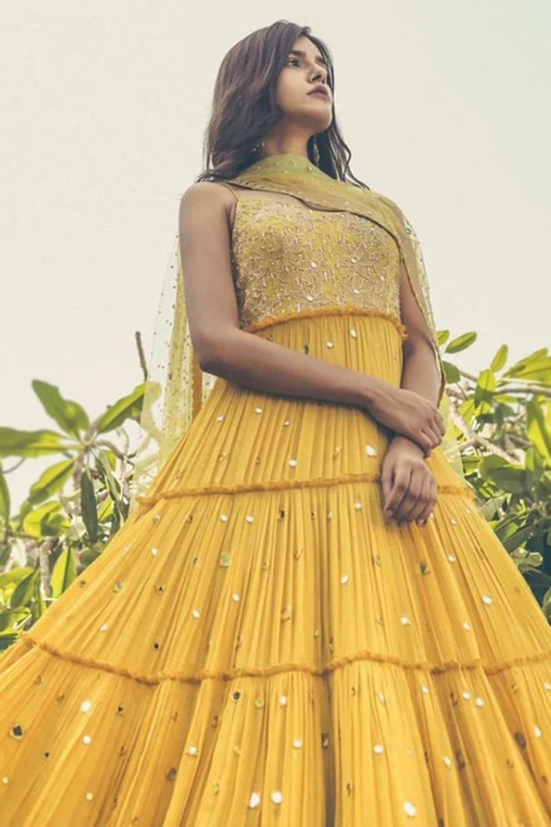 Mustard Yellow Flower Embroidered Georgette Anarkali Dress
