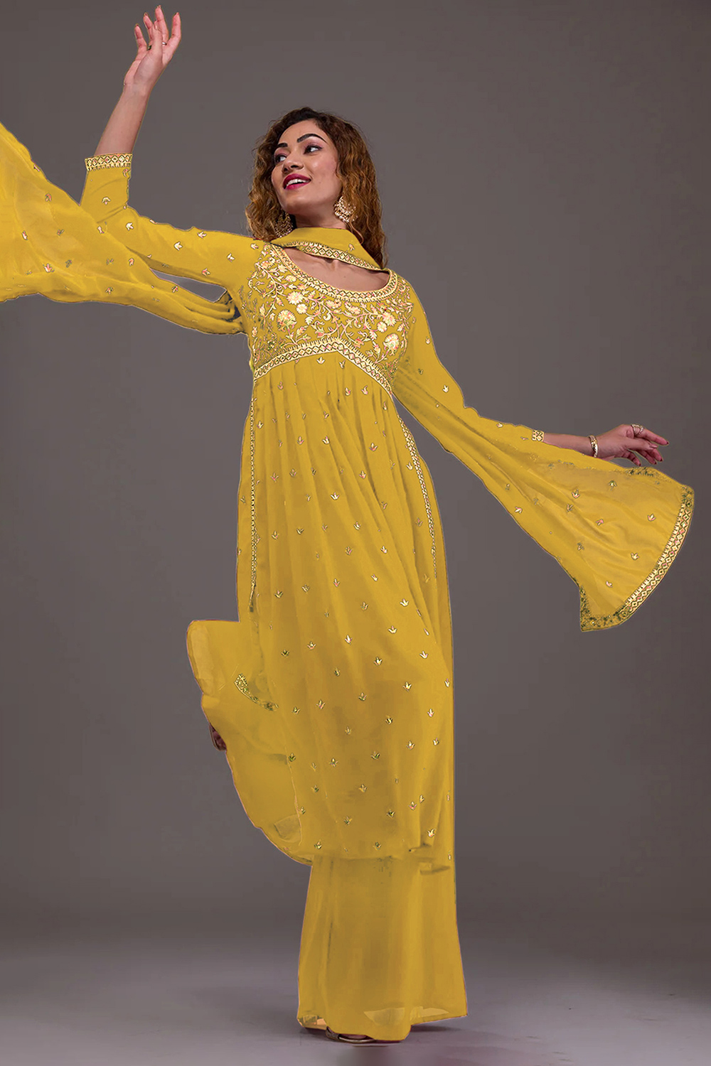 Mustard Yellow Georgette Embroidered Suit Set main image 1