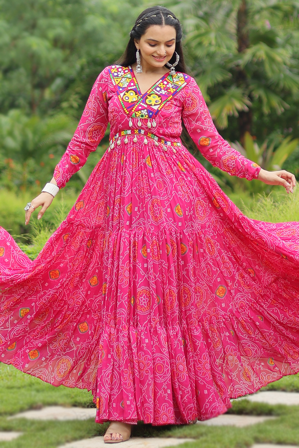 Georgette Hot Pink bandhej Printed Anarkali Style Gown
