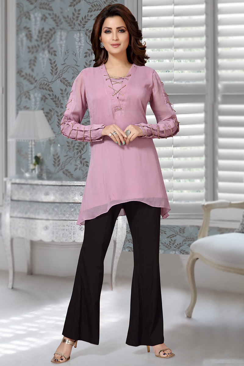 Georgette Lavender Pink Plain Kurti