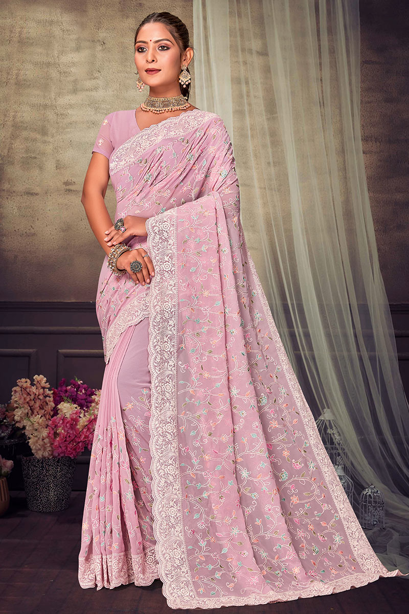 Georgette Light Pink Resham Thread Embroidered Saree|SARV168234 - Main Image