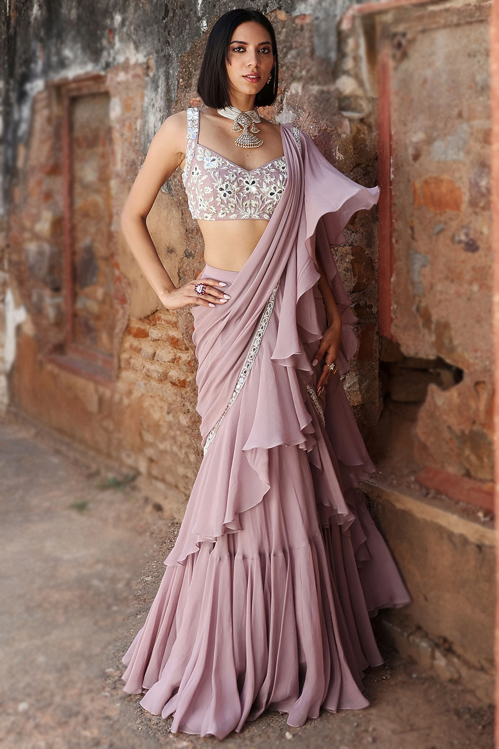 Georgette Light Purple Lace Embroidered Ruffle Saree SARV185312