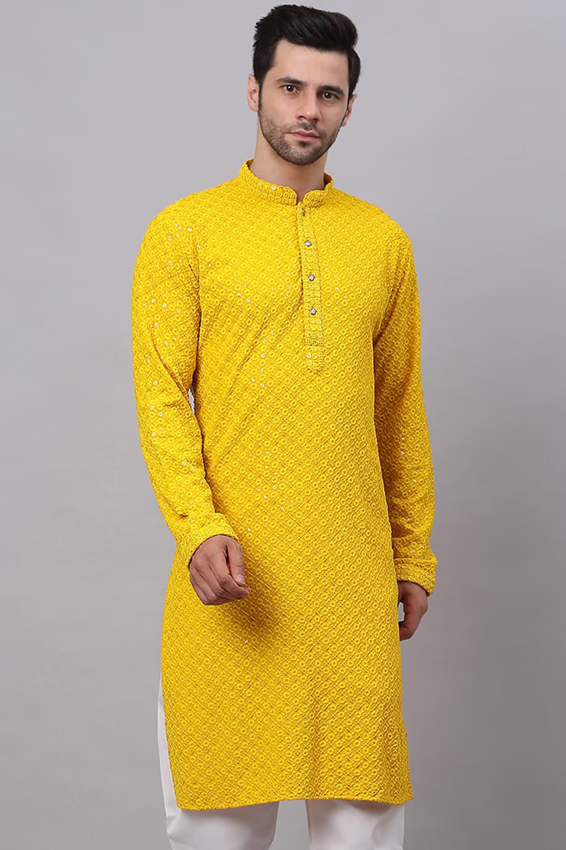 Georgette Mustard Yellow Chikankari Embroidered Men Kurta