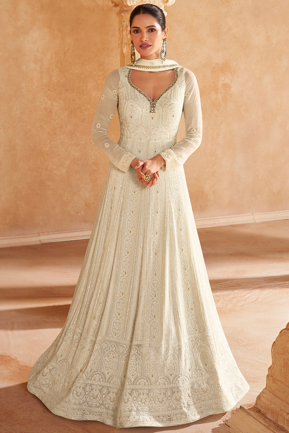Georgette Ivory Embroidered Anarkali Suit For Sangeet LSTV131307