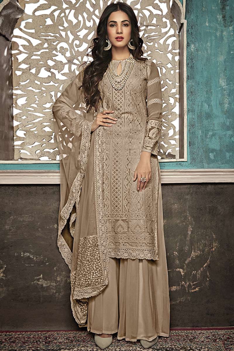 Georgette Palazzo Pant Suit In Dark Beige Colour