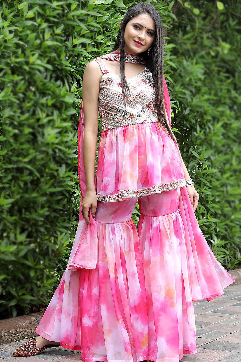 Georgette Pink Embroidered Frock Style Sharara Suit